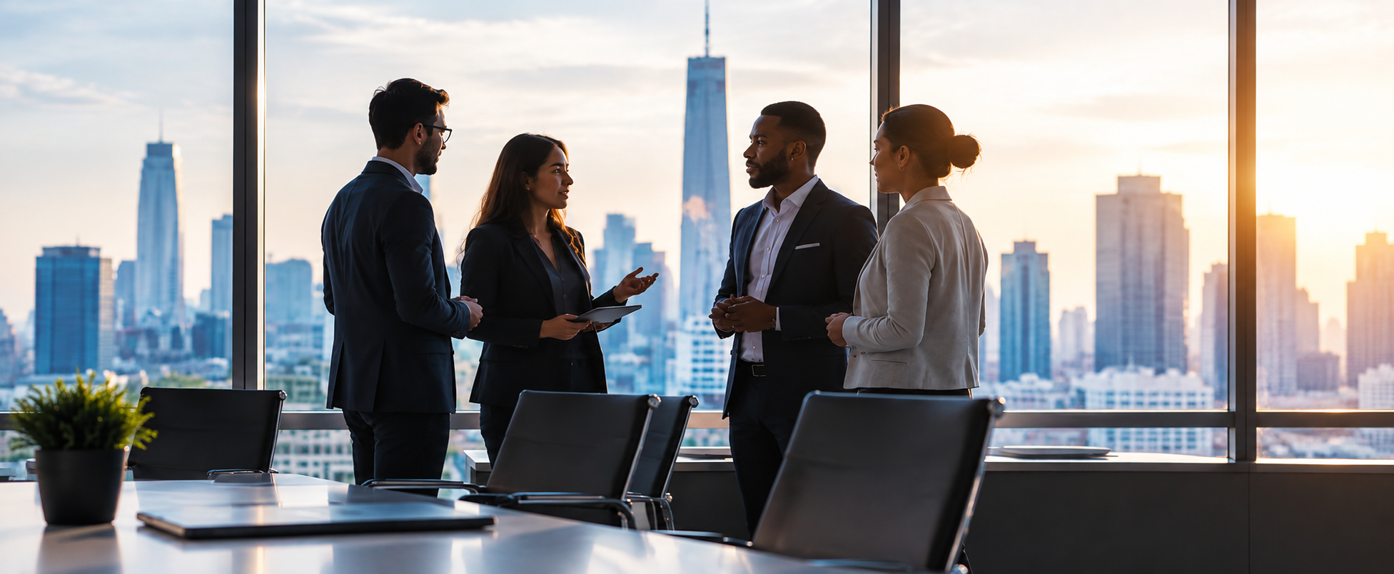 Team collaborating in office with city skyline view